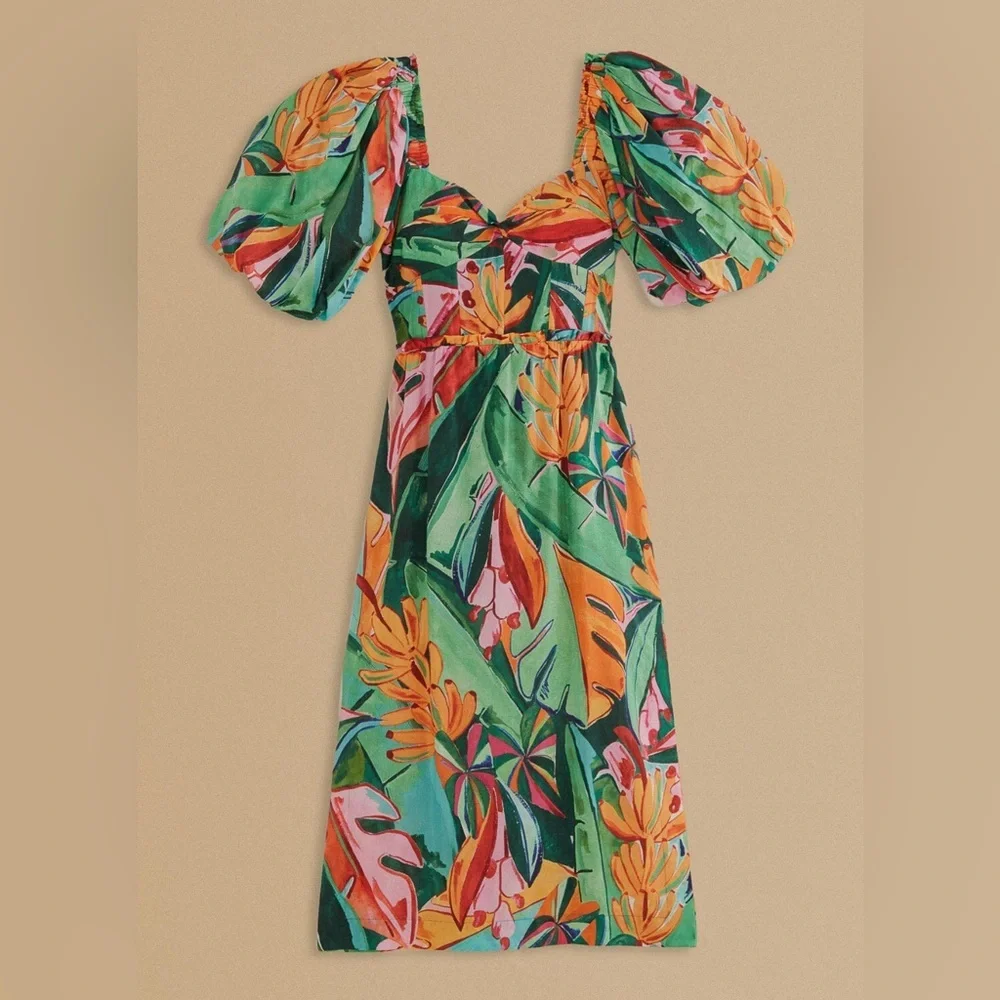 Farm Rio Multicolor Banana Foliage Puff Sleeve Midi Dress - Picture 12 of 12